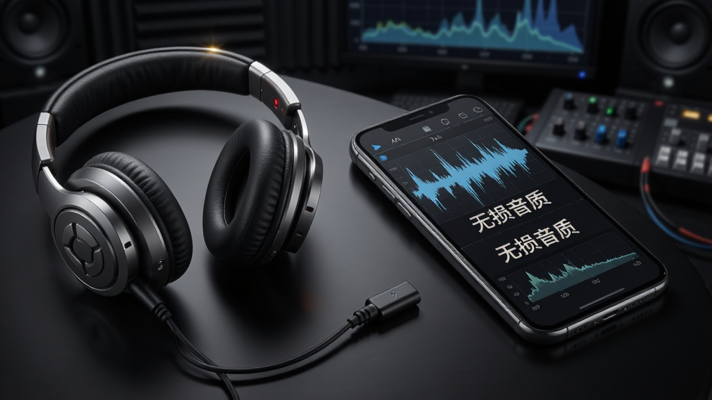 硬柿子音视频转换器无损转换概念图,主体为耳机与手机相连,手机屏幕显示波形图与“无损音质”字样,背景为暗色音频工作室环境,布局为对角线构图,风格质感细腻,细节包括音频频谱与高光效果,画质通透干净,无多余元素。