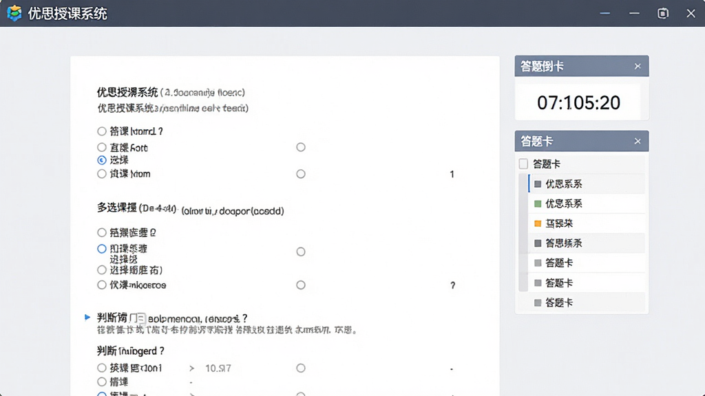 主题为“优思授课系统”作业考试功能界面,画面中央显示一份在线试卷的答题页面,包含单选题、多选题与判断题题型,右侧有答题倒计时与答题卡,背景为淡灰色,布局简洁,风格正式,软件名称“优思授课系统”位于页面顶栏,画质高清干净