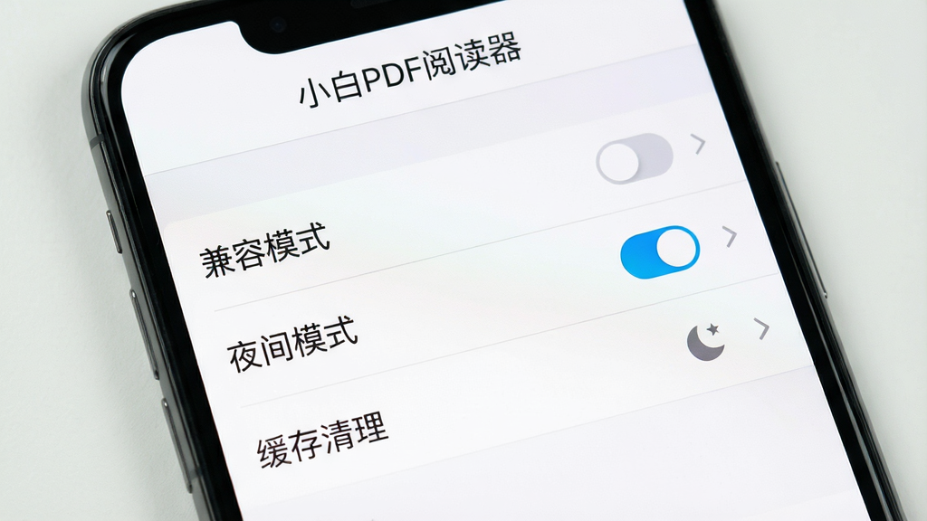 主体:手机屏幕显示小白PDF阅读器的设置界面,有“兼容模式”、“夜间模式”、“缓存清理”等选项。布局:设置列表清晰,每一项右侧有开关或箭头。排版:各条目之间有分割线,顶部有“小白PDF阅读器”的标题栏。风格:清新简洁,白色背景。细节:突出“兼容模式”开关处于开启状态。画质:高清,干净,无多余元素。
