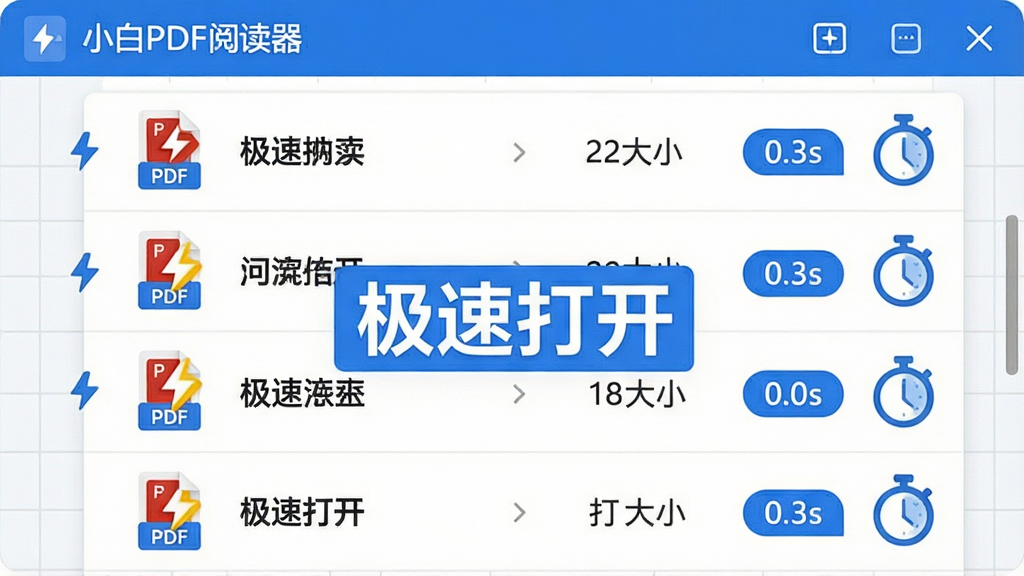 主体:一个文件管理列表,多份PDF文件旁有闪电图标和秒表计时图标。布局:列表纵向排列,顶部有“小白PDF阅读器”的工具栏。排版:每行显示文件名、大小和打开耗时标签(如“0.3s”)。风格:清爽商务风,蓝白配色。细节:突出“极速打开”字样,背景带有的浅灰色网格。画质:高分辨率,干净,无多余元素。