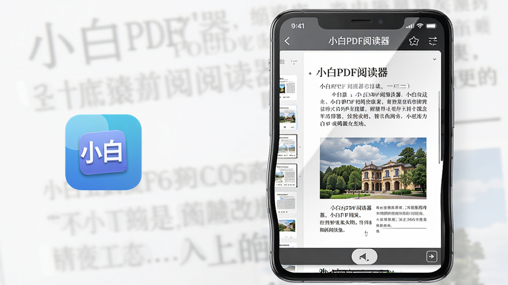 主体:一款智能手机屏幕特写,屏幕上清晰显示“小白PDF阅读器”的阅读界面,界面中有排版精美的PDF文字和图片。布局:手机位于画面中央偏右,左侧留白并放置软件图标。排版:界面文字段落分明,左侧有缩略图栏。风格:现代简约,浅色背景,真实产品渲染风格。细节:屏幕高光反射自然,界面有“小白PDF阅读器”字样,底部有翻页按钮。画质:高清,干净,无多余元素。