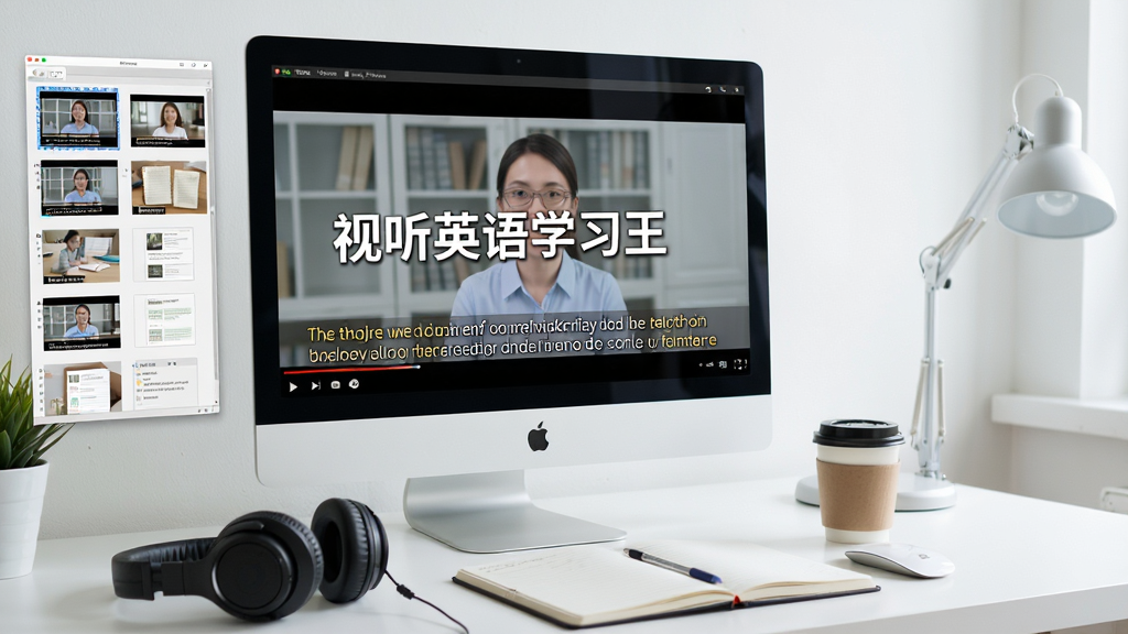 画面主体为电脑屏幕中播放着带双语字幕的英语教学视频,屏幕前摆放着耳机、笔记本和咖啡杯,整体布局为电脑桌面视角,左侧是软件界面缩略图,右侧为学习场景,排版简洁明亮,风格写实清新,细节包含屏幕中清晰显示“视听英语学习王”字样,画质细腻干净,无多余元素。
