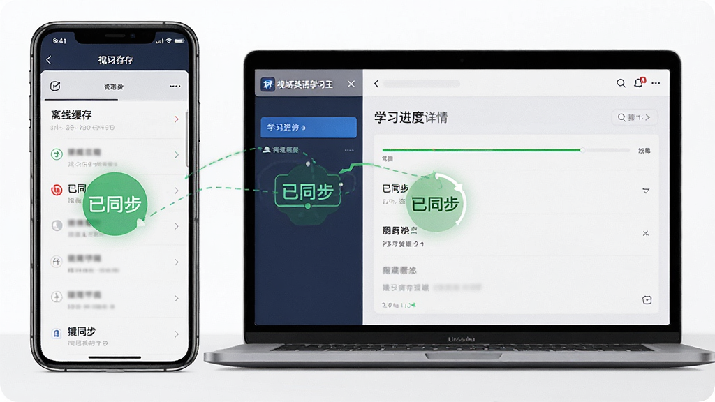主体为一部智能手机与一台笔记本电脑并排展示,屏幕上均显示视听英语学习王的同步界面,手机端显示离线缓存列表,电脑端显示学习进度详情,布局为左右分屏式,排版干净,风格商务简洁,细节突出“已同步”状态标识,画质细腻,无多余元素。