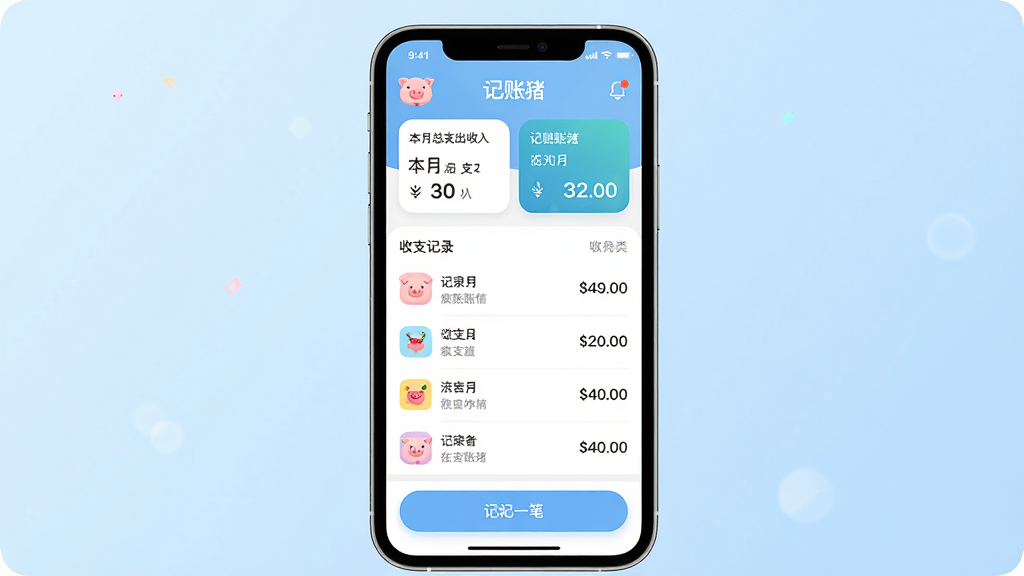 主体:记账猪App的界面预览图,手机屏幕展示“记账猪”主界面,顶部显示“记账猪”字样和本月总支出/收入概览卡片,中间是分类清晰的收支记录列表,底部为“记一笔”悬浮按钮。布局:居中构图,手机模型占据画面主体,背景为柔和的渐变浅蓝色,营造清爽氛围。排版:界面元素排列整齐,文字清晰可读,图表圆润。风格:扁平化UI设计风格,色彩明快,符合现代审美。细节:手机屏幕中突出显示“记账猪”logo(小猪图标),列表项带有小图标和金额数字。画质:高清渲染,干净,无多余元素。