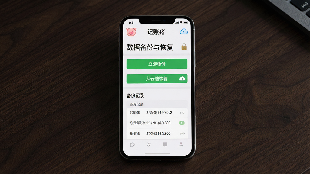 主体:手机屏幕展示记账猪的“数据备份与恢复”设置页面,页面上有“立即备份”、“从云端恢复”按钮和“备份记录”列表。布局:居中构图,手机模型展示,背景为深色木纹桌面,体现数据安全感。排版:列表清晰,按钮使用绿色高亮。风格:简洁商务风格。细节:“记账猪”文字出现在顶部栏,云端图标和锁图标装饰。画质:高清,干净,无多余元素。