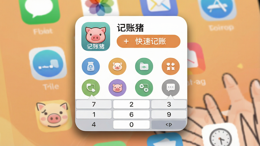 主体:手机桌面上的记账猪快捷记账小组件,组件上显示“记账猪”图标和“+ 快速记账”按钮,点击后展开分类图标。布局:手机桌面场景,组件悬浮在桌面中央,四周有少量应用图标作陪衬。排版:组件设计简洁,圆形分类图标排列成两行,底部有数字键盘。风格:拟物与扁平结合,色彩温和。细节:“记账猪”logo醒目,组件边缘有阴影增强立体感。画质:高清晰度,干净,无多余元素。