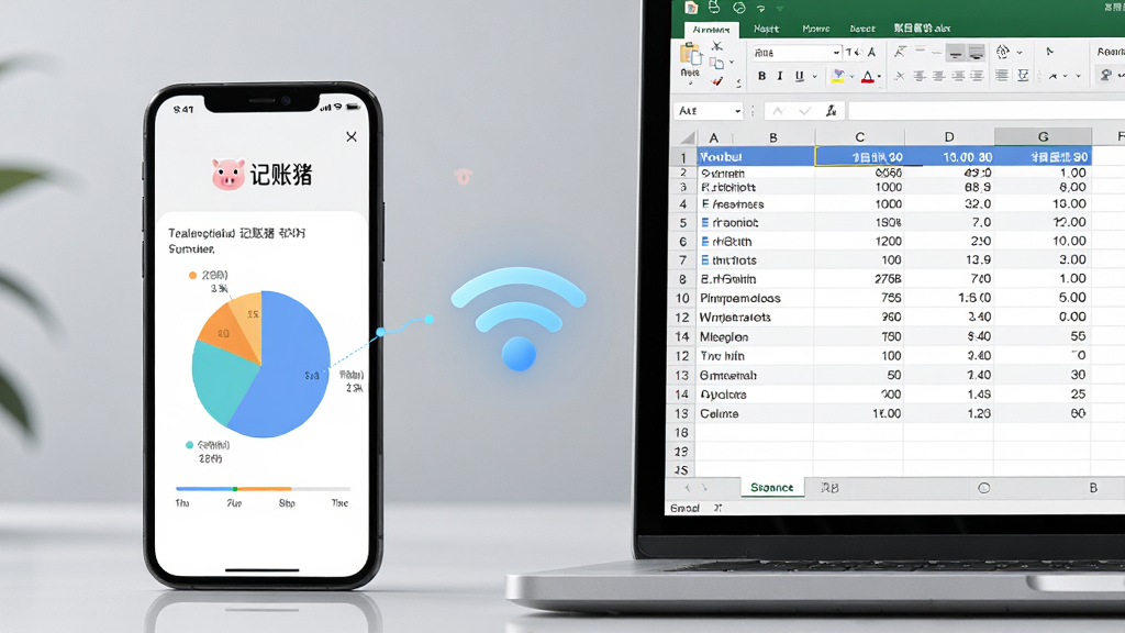 主体:一部手机和一台笔记本电脑并排摆放,手机屏幕显示记账猪的统计图表(饼图),电脑屏幕显示Excel表格中的账目数据。布局:左右构图,手机在左,电脑在右,中间用WiFi图标连接,象征数据同步。排版:画面干净,主体突出。风格:科技感与生活化结合。细节:“记账猪”logo出现在手机屏幕顶部,电脑屏幕上有“账目备份.xlsx”字样。画质:高清,干净,无多余元素。