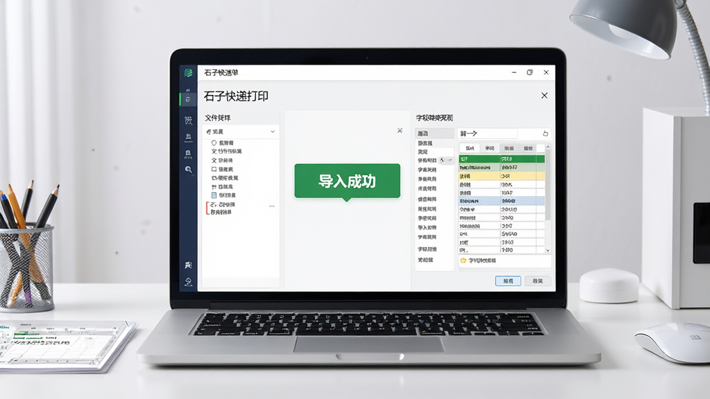 主体:一台笔记本电脑屏幕显示石子快递单打印软件的数据导入界面,桌面上放有Excel表格文件。布局:笔记本电脑居中,屏幕上是软件导入向导。排版:屏幕左侧为文件选择区域,右侧为字段映射预览。风格:现代科技风格,桌面整洁。细节:屏幕上显示“导入成功”提示,表格数据高亮。画质:高分辨率,干净整洁。