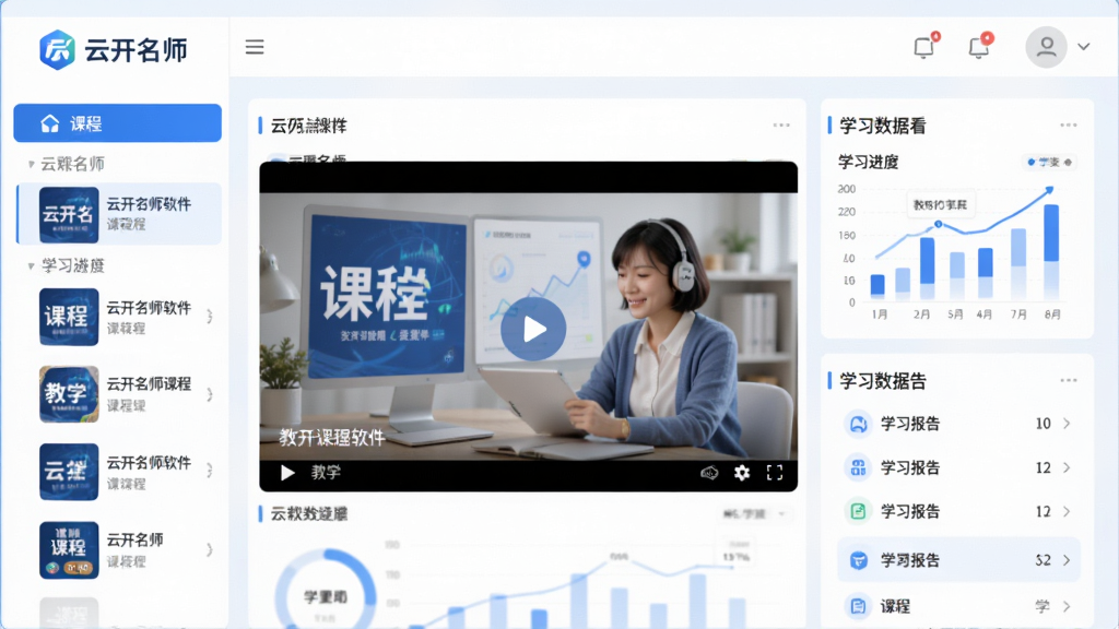 主体:云开名师软件界面,显示课程列表和学习报告。布局:左侧课程导航,右侧学习数据看板,中间展示教学视频窗口。排版:现代简洁的扁平化设计,主色调为蓝色和白色,功能模块清晰。风格:教育科技风格,专业且亲和。细节:屏幕上显示“云开名师”LOGO及课程封面,背景有学习进度图表。画质:高清,干净,无多余元素。