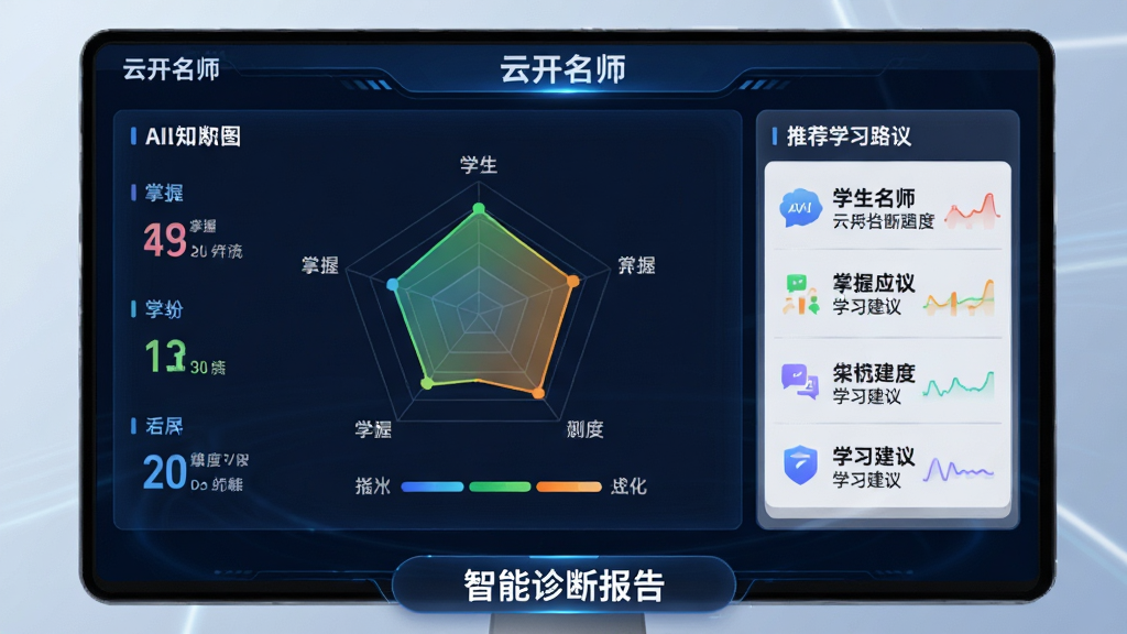 主体:AI诊断界面,显示雷达图和学习建议。布局:中央放学生知识点掌握图表,右侧推荐学习路径。排版:清晰的数据可视化,色彩区分掌握程度。风格:智能科技感,数据驱动。细节:屏幕上有“云开名师”字样,底部显示“智能诊断报告”。画质:高清,干净,无多余元素。