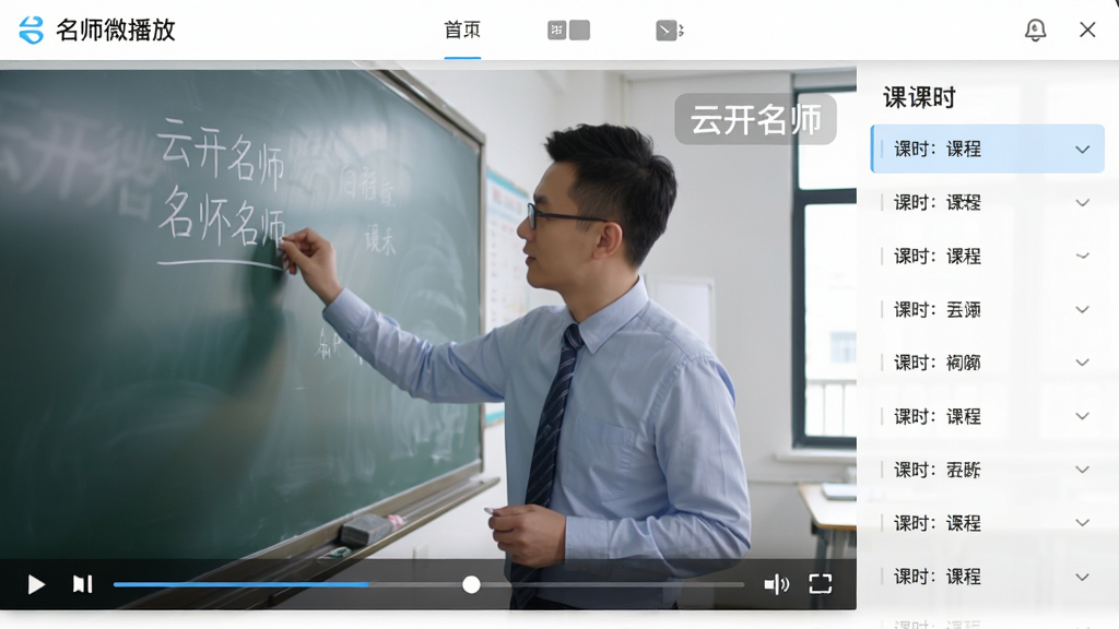 主体:名师微课播放页面,有视频窗口和课程列表。布局:主视频占据页面三分之二,右侧目录栏显示课时。排版:简洁的视频播放器风格,进度条清晰。风格:教育视频平台风格,明亮舒适。细节:视频内教师正在板书,画面有“云开名师”水印。画质:高清,收音清晰,无多余元素。