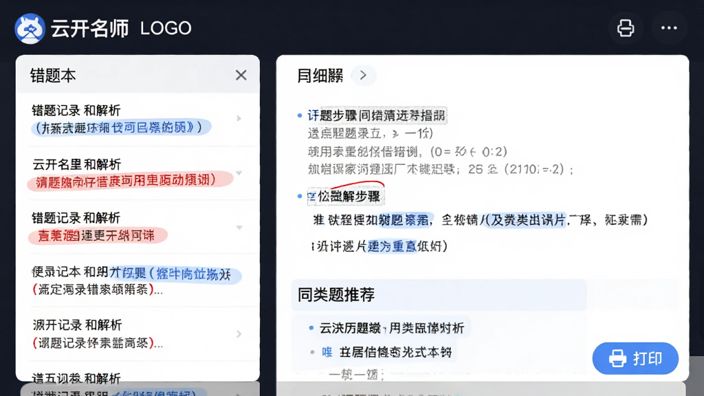 主体:错题本界面,列出错题记录和解析。布局:左侧错题列表,右侧详细解题步骤与同类题推荐。排版:条目式展示,红蓝标注重点。风格:实用工具风格,界面清爽。细节:标注“云开名师”LOGO,有“打印”按钮。画质:高清,干净。