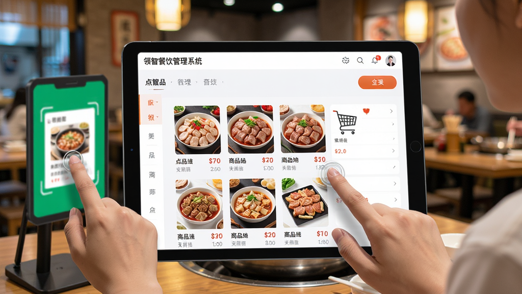 画面主体为“领智餐饮管理系统”点餐界面在平板电脑上的实拍效果,界面显示菜品分类、商品列表与购物车,旁边有顾客正在扫码点餐,背景为火锅店或中餐厅实景,布局为正面平视视角,排版突出屏幕内容,风格写实明亮,细节包括触摸点击手势、菜品缩略图与价格,画质高清干净,无多余文字元素。
