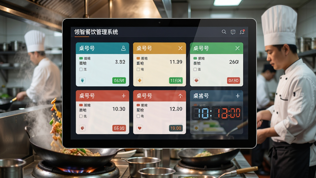 画面主体为“领智餐饮管理系统”后厨KDS显示屏的界面,屏幕显示多张订单卡片,分别标注桌号、菜品与倒计时,背景是忙碌的中餐后厨,厨师正在颠勺炒菜,布局采用后厨视角,突出大屏展示效果,风格写实生动,细节包括订单颜色状态、厨房蒸汽与菜品摆盘,画质高清干净,无多余杂乱元素。
