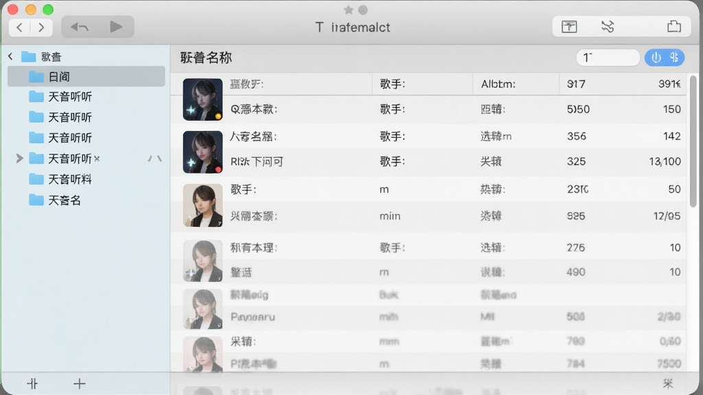 天音听听本地音乐管理界面,文件夹列表与歌曲信息表格,显示歌曲名、歌手、专辑、时长,浅色主题,简洁清晰,高清画质