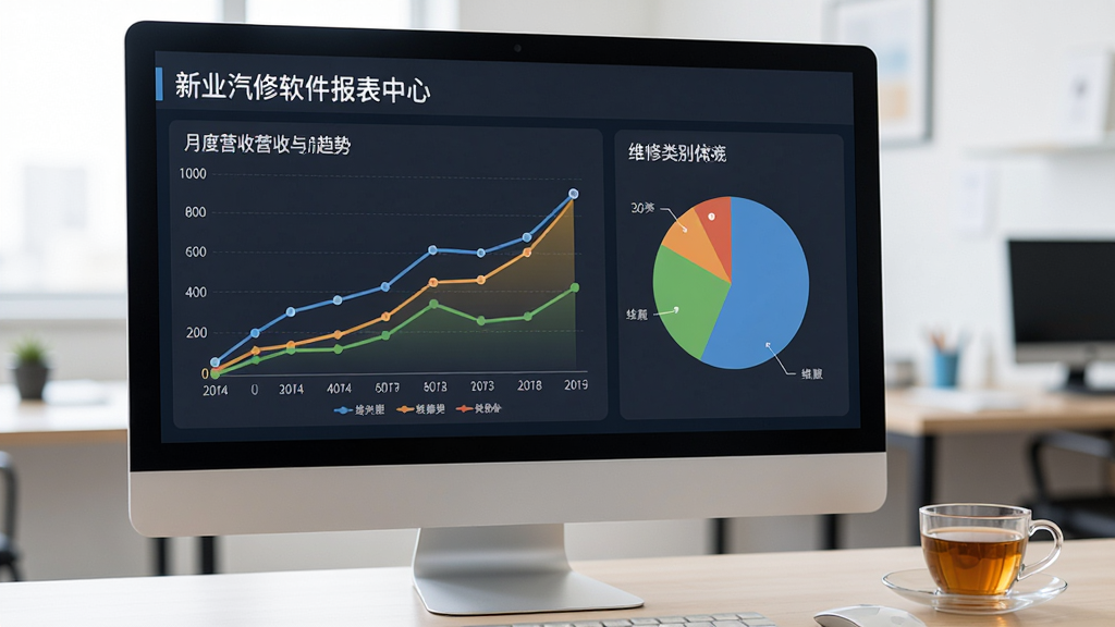 新业汽修软件报表中心图表展示图,电脑屏幕显示月度营收趋势折线图与维修类别饼图,图表配色清晰,背景是办公室桌面与茶杯,整体商务简洁,数据可视化效果好,无多余元素