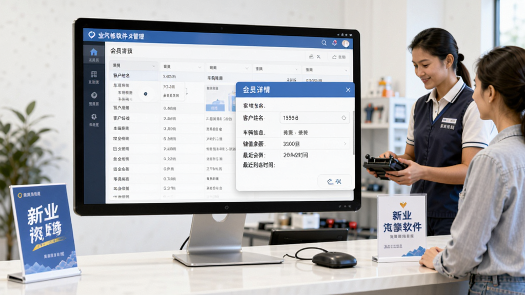 新业汽修软件会员管理界面预览,屏幕显示会员列表与会员详情弹窗,包含客户姓名、车辆信息、储值余额与最近到店时间,背景为服务顾问正在接待客户,前台摆放电脑与宣传牌,氛围专业,画面整洁明亮,无多余元素