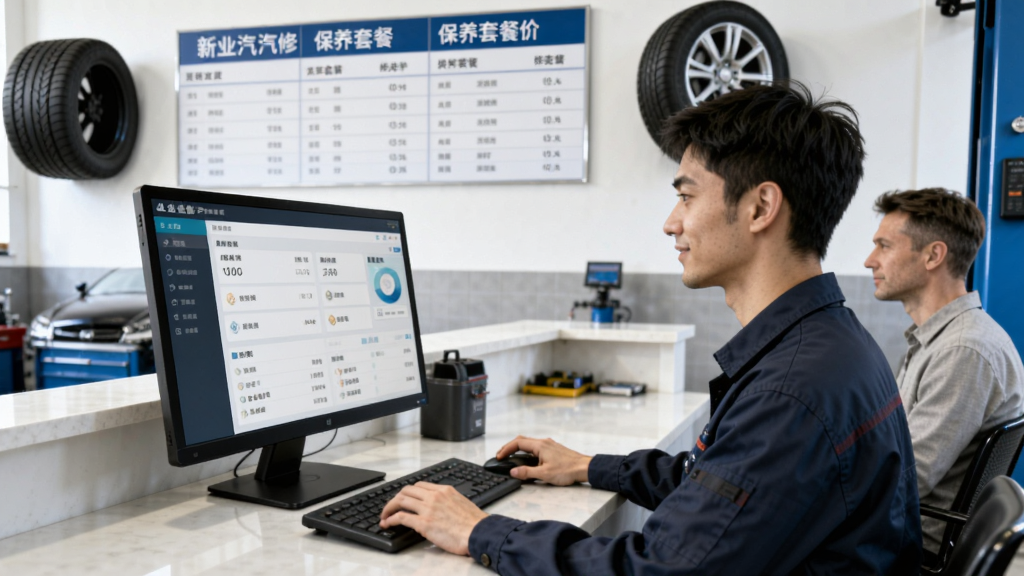 一张新业汽修软件使用场景图,画面为汽修店前台工作人员正在电脑上操作新业汽修系统,旁边有客户在等待,背景墙上挂着轮胎与保养套餐价目表,整体氛围真实自然,干净明亮,无多余元素