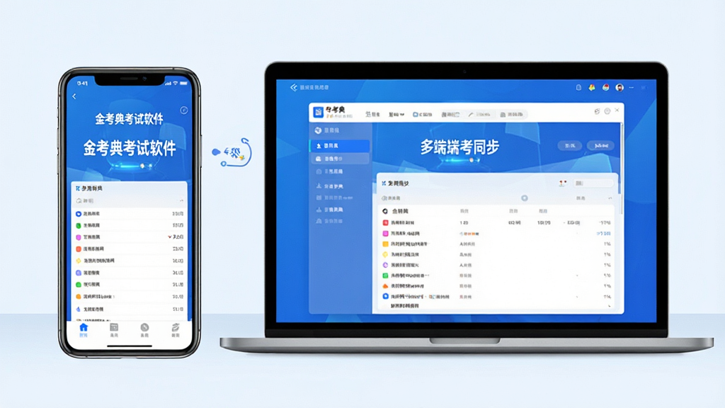 主体:手机与电脑同时显示金考典考试软件界面,体现多端同步。布局:左侧手机,右侧笔记本电脑。排版:双设备并排,屏幕内容清晰。风格:科技感蓝色调,浅色背景。细节:手机屏幕显示“金考典考试软件”主界面,电脑屏幕显示相同界面。画质:高清、干净。