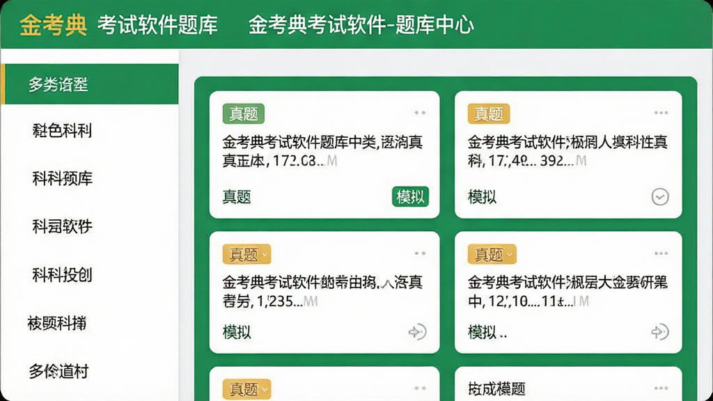 主体:金考典考试软件题库界面,展示多科目分类列表。布局:左侧科目导航,右侧题目预览。排版:分类条目清晰,题目显示完整。风格:清爽的扁平化设计,绿色与白色搭配。细节:界面顶部显示“金考典考试软件-题库中心”,题目卡片带“真题”“模拟”标签。画质:高清、干净、无多余元素。