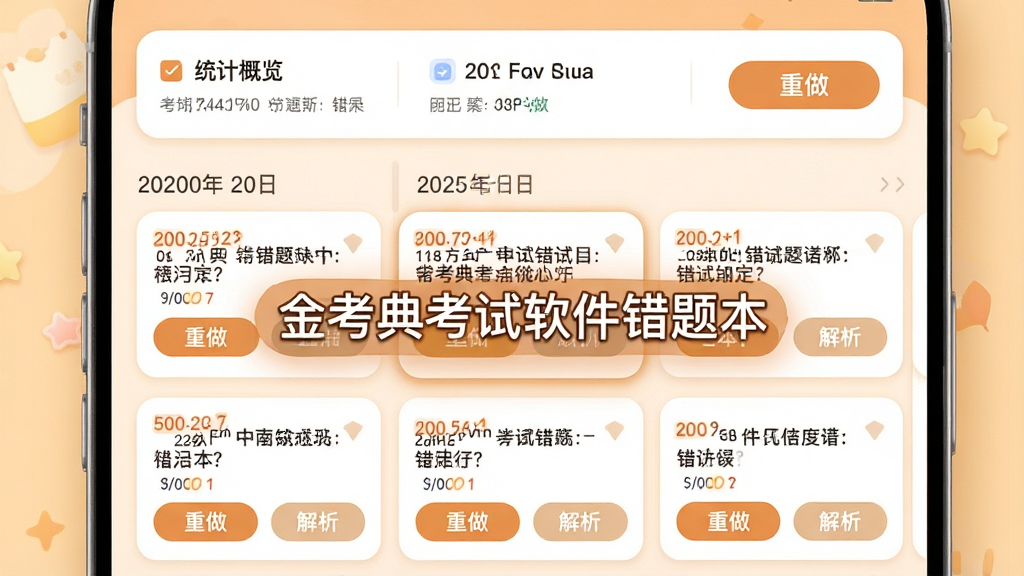 主体:错题本界面,显示错题列表与重做按钮。布局:顶部为统计概览,下方为错题卡片。排版:错题按日期分组,每道题标注错误次数。风格:温馨的暖色调,圆角卡片设计。细节:屏幕中央标注“金考典考试软件错题本”,卡片上有“重做”“解析”按钮。画质:高清、干净。