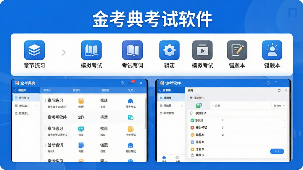 主体:金考典考试软件的品牌界面展示,屏幕显示题库列表与做题界面。布局:主视觉居中,软件名称“金考典考试软件”位于画面顶部中央,下方为各类考试科目图标。排版:左右均衡,功能图标有序排列。风格:现代简洁的科技感设计,蓝白主色调。细节:界面清晰标注“章节练习”“模拟考试”“错题本”等字样。画质:高清、干净、无多余元素。