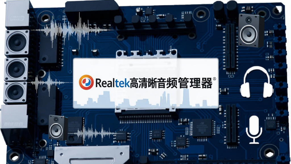 主体为一块现代化电脑主板,中央醒目地印有“Realtek高清晰音频管理器”字样,周围环绕着高保真音频波形、立体声扬声器、耳机、麦克风等图标,背景为深蓝色科技感电路板纹理,布局清晰,风格简洁,画质高清,干净无多余元素