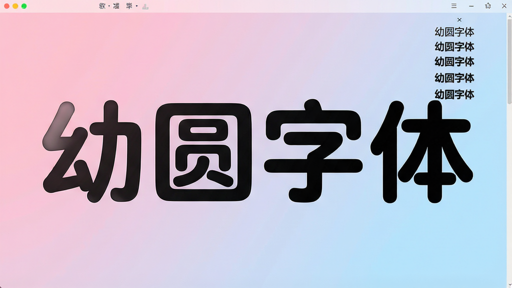 幼圆字体软件主界面预览图,画面中央以超大字号展示“幼圆字体”四个示例汉字,字形圆润饱满笔画末端呈圆弧状,背景采用柔和的粉蓝渐变,右侧列出字体家族字重列表,整体风格干净明亮、扁平化设计,排版居中对称,画质高清,细节清晰,无多余元素