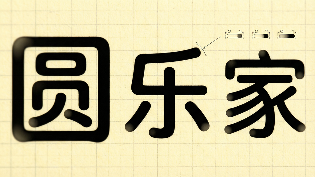 幼圆字体特色字形放大特写,画面展示“圆”、“乐”、“家”三个汉字的超大局部,重点突出笔画端点的圆弧处理细节,旁边用细线标注圆角半径对比示意图,背景为浅黄色网格纸质感,整体风格简洁科普风,布局左字右图,画质细腻柔和,无多余元素
