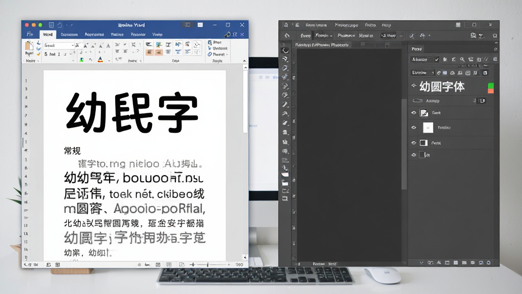 幼圆字体在不同软件中的使用效果演示,画面左侧为Word文档编辑窗口,上方标题使用幼圆粗体,正文使用幼圆常规体,右侧为Photoshop画布,图层文字面板显示“幼圆字体”字样,整体桌面整洁,布局清晰,风格写实,画质高清,无多余元素