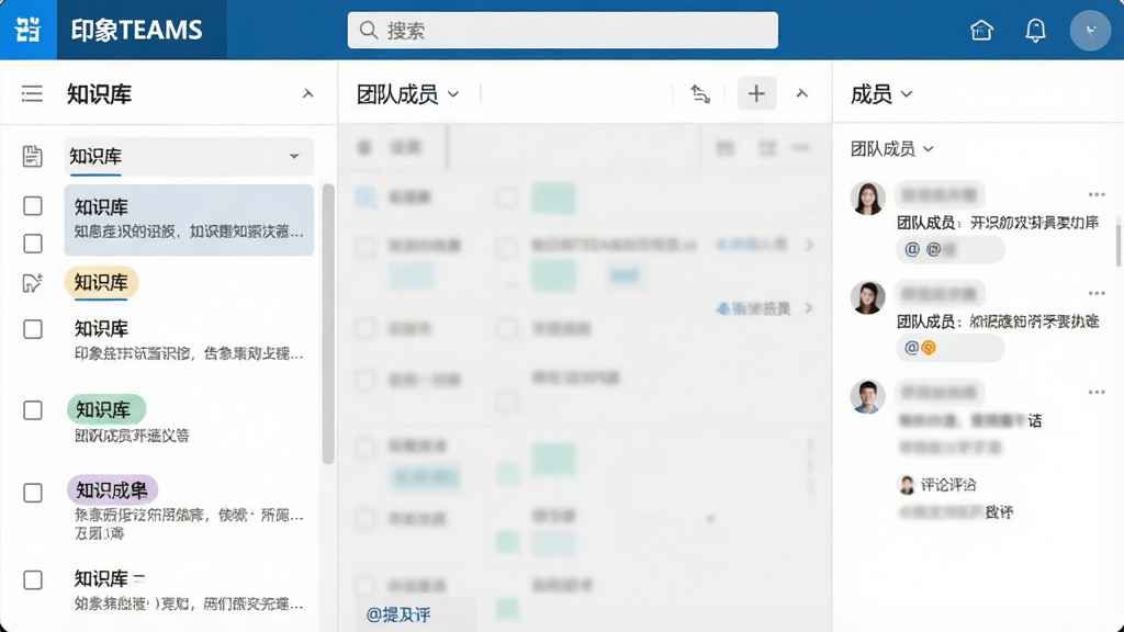 一张印象TEAMS知识库界面截图风格图片,画面主体为左侧笔记列表、中间编辑区域、右侧成员评论栏,顶部有“印象TEAMS”蓝色LOGO与搜索框,界面以白色和浅灰色为主,排版清晰,文字标签显示“知识库”、“团队成员”、@提及,画质干净,无多余元素
