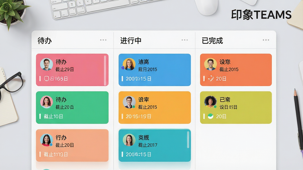一张展示印象TEAMS项目看板功能的高清图片,画面中央是彩色任务卡片在“待办”、“进行中”、“已完成”三列看板中排列,每张卡片上带有成员头像、截止日期标识,背景为浅灰色工作台,右上角有“印象TEAMS”字样,设计扁平化,色彩明快,画质细腻,无杂乱元素