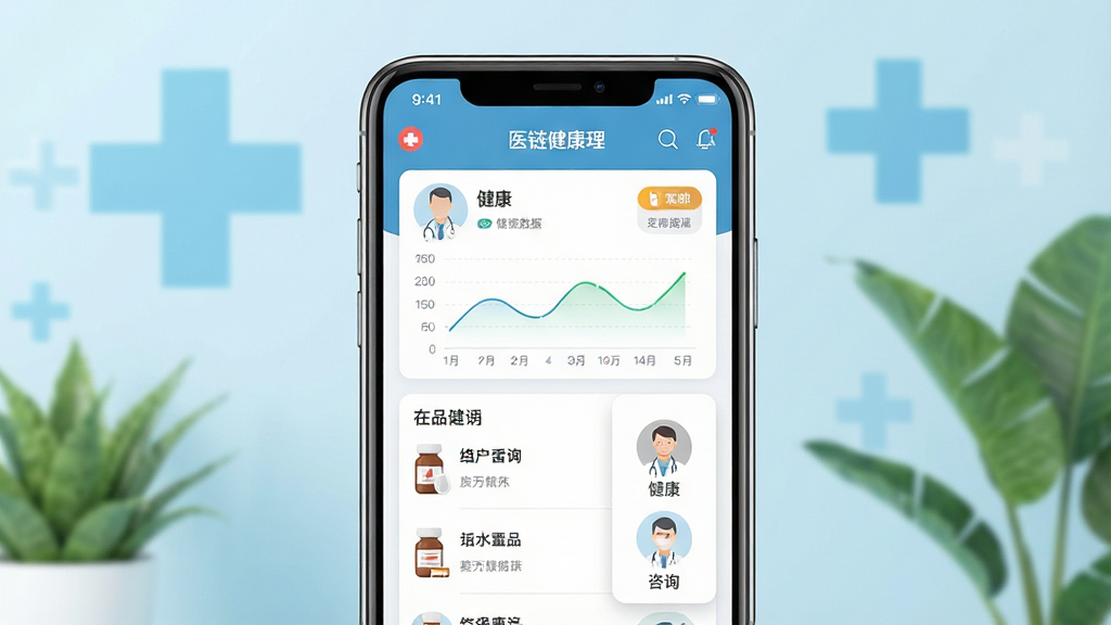 一张展示医学健康管理场景的现代风格配图,主体为智能手机屏幕显示医链健康APP界面,界面清晰展示健康数据图表、药品列表和在线医生咨询窗口,背景为浅蓝色医疗十字与绿色植物元素,布局采用居中构图,画面干净简洁,风格明亮专业,细节包括医生头像、用药提醒图标,画质高清,干净无多余元素
