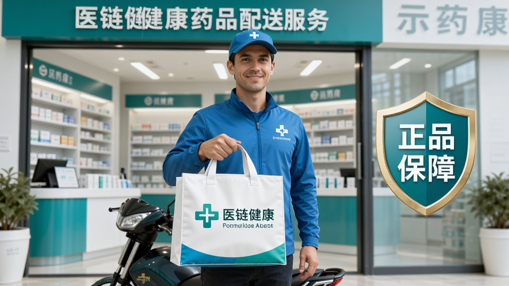医链健康药品配送服务示意图,主体为骑手手提印有医链健康Logo的药品袋站在药房门口,背景为现代化药房内部货架,布局以骑手为中心,右侧有“正品保障”盾牌图标,风格写实明亮,细节清晰,画质高清,干净无多余元素