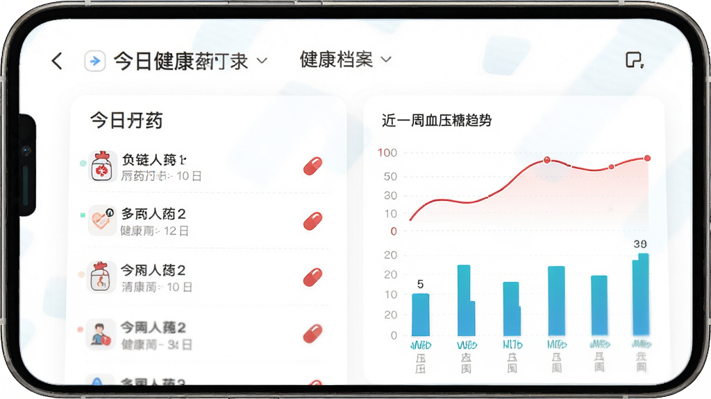 医链健康用药提醒和健康档案功能展示图,主体为手机界面呈现日历样式的用药打卡记录和柱状图健康趋势,布局左侧是今日用药列表、右侧是近一周血压血糖曲线,风格简约清晰,细节包括红色提醒胶囊图标,画质干净,无多余元素