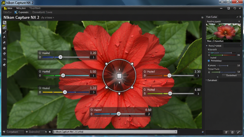һ������������ʾͼ��Nikon Capture NX 2���������У���Ƭ��һ���ɫ�����Ϸ�����һ��Բ�ο��Ƶ㣬���Ƶ���Χ��ʾ�����������ˣ�����Ϊ��Ҷ����������չʾ���Ƶ㼼�������ľֲ�ɫ�ʵ���Ч��������ϸ�壬�ɾ��޶���Ԫ�ء�