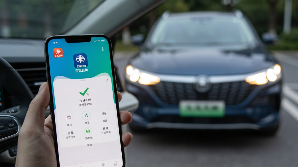 东风风神App使用场景图,主体为车主手持手机在车旁操作远程启动,布局为前景手机屏幕显示控制成功界面,背景为模糊的东风风神车辆,排版自然,风格写实摄影,细节包括手机上的“东风风神”应用图标与车辆灯光亮起,画质高清干净,无多余元素
