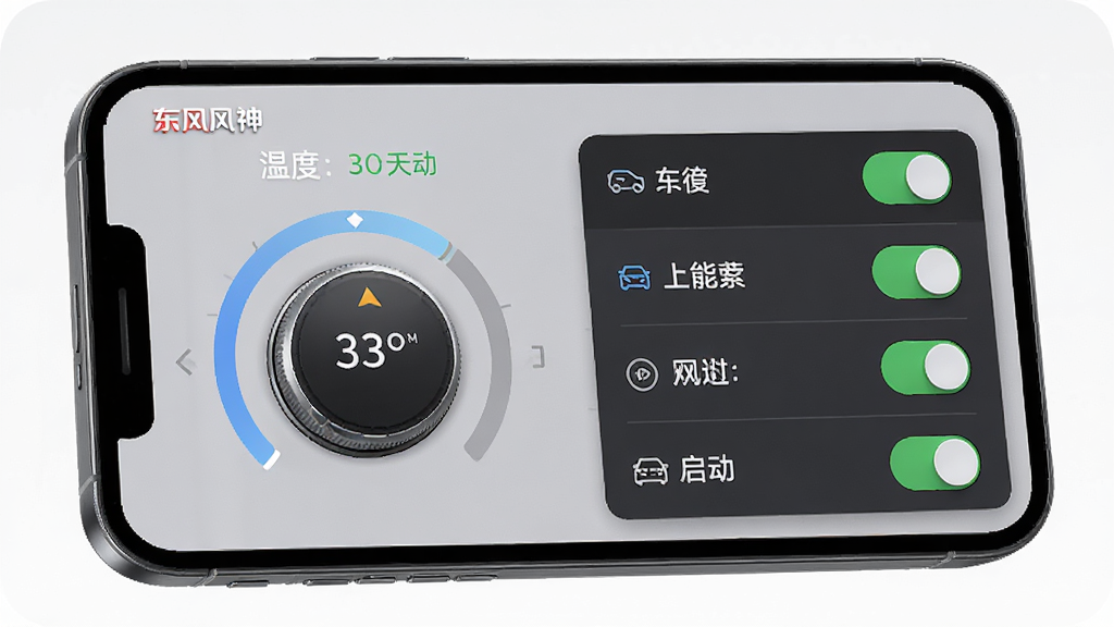 东风风神App远程控制功能演示图,主体为手机界面展示远程启动空调界面,布局左侧为温度调节旋钮,右侧为功能开关列表,排版直观清晰,风格写实3D渲染,细节显示车辆状态图标,画质精细干净,无多余元素,界面顶部带有“东风风神”Logo