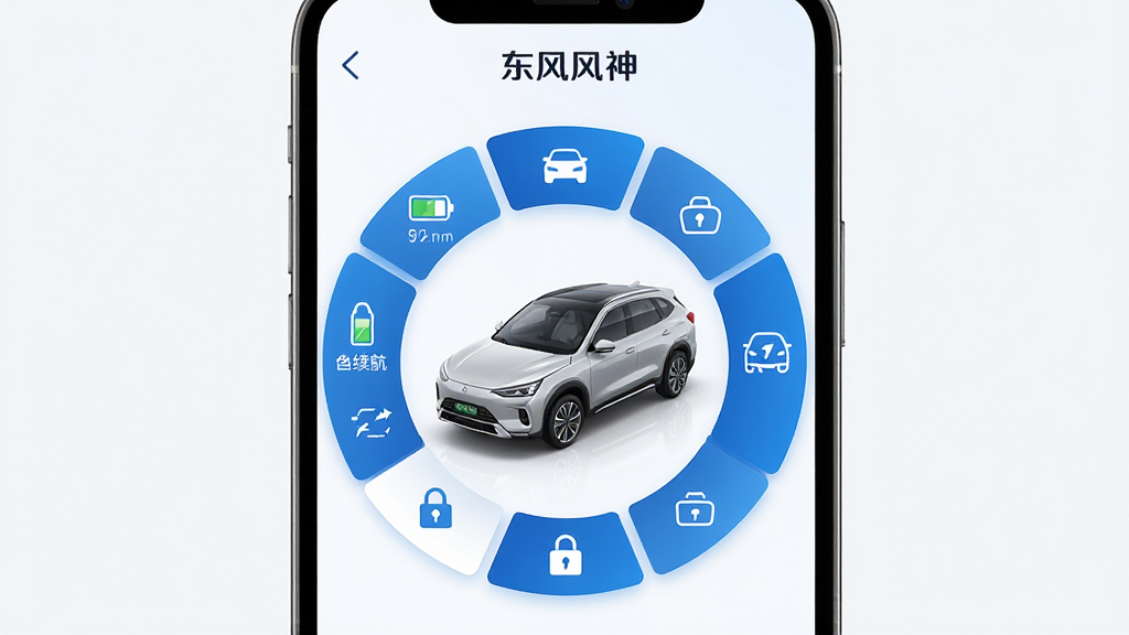 东风风神App界面预览图,主体为智能手机屏幕展示车辆远程控制界面,布局中央是车辆3D模型与环形功能菜单,排版简洁大气,风格现代科技蓝白配色,细节包括电量续航、车门锁定图标,画质高清干净,无多余元素,屏幕上方显示“东风风神”品牌字样