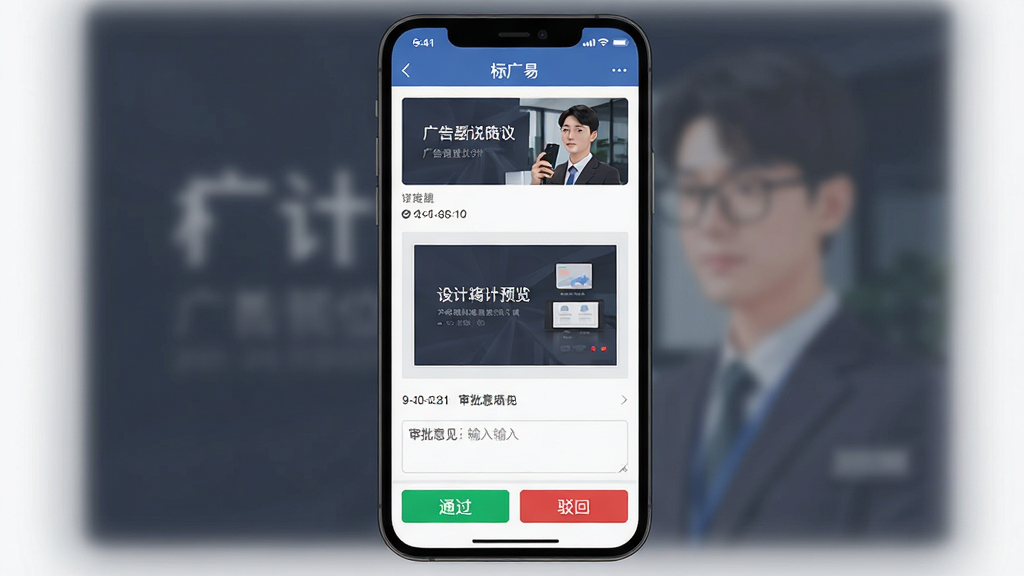 一张竖版手机应用界面截图风格插画,主体为“标广易”的订单详情页,页面顶部是广告位缩略图,中部是设计稿预览,底部是绿色的“通过”与红色的“驳回”按钮。布局以上中下结构清晰排列,风格简洁商务,细节包含时间戳与审批意见输入框。画质干净,突出移动办公的高效与便捷。