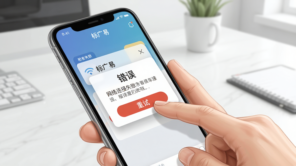 一幅手机操作场景插画,画面中一只手正拿着手机点击“标广易”应用中的错误提示弹窗,背景为简约的室内办公桌。主体是手机与手的互动,布局为近景特写,风格写实明亮,细节上展示弹窗内容为网络连接失败和重试按钮。画质干净,突出解决问题的指引感。