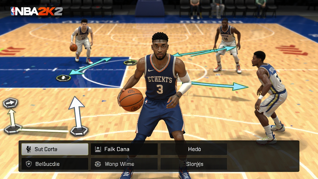 NBA2K Online2ս����ʾ���棬һ��������Ա������Χ����ս����λָʾ�ߣ����Ѱ��ռ�ͷ�����ƶ��������·���ս��ѡ����壬����������ֱ�ۣ�������ϷUI��ͼ��񣬹���������ϸ�ڷḻ�����ʸ��壬�ɾ��޶���Ԫ��