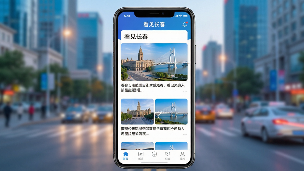 主体:手机屏幕展示“看见长春”APP界面,屏幕上显示长春城市地标(如人民大街、南湖大桥)的新闻图片和标题列表。布局:手机居中,屏幕内容清晰可见,背景虚化处理,突出APP界面。排版:简洁现代,UI设计美观,信息层级分明。风格:写实风格,色彩明亮,充满科技感与都市气息。细节:屏幕上有“看见长春”字样,界面元素包括新闻标题、图片缩略图、底部导航栏。画质:高清,干净,无多余元素。