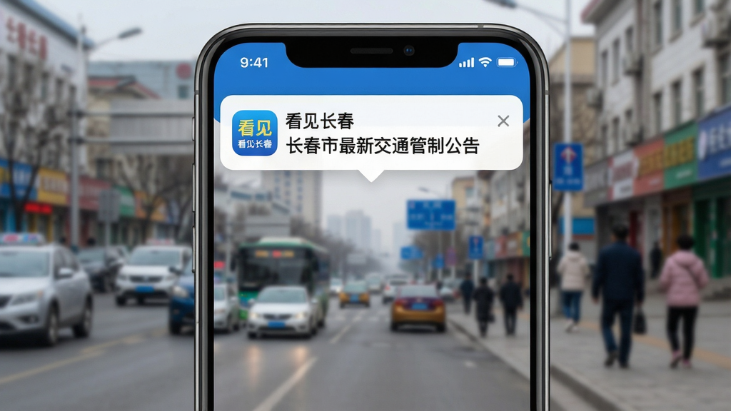 主体:手机界面显示“看见长春”新闻推送通知栏,通知内容为“长春市最新交通管制公告”。布局:手机顶部状态栏显示时间,下方弹出推送通知,背景为模糊的长春街道实景。排版:通知栏简洁,文字清晰易读。风格:现代扁平化设计,色彩以蓝白为主,干净清爽。细节:通知栏上有“看见长春”APP图标,背景街道有车辆和行人。画质:高清,干净,无多余元素。