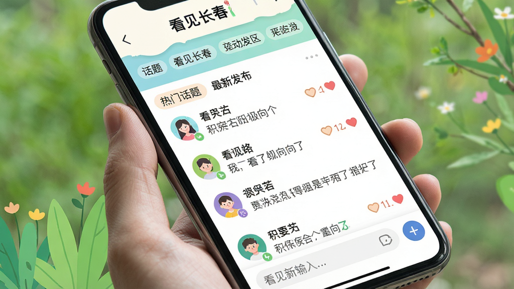 主体:手机屏幕显示“看见长春”APP的互动社区页面,评论区有用户头像和留言,并显示点赞数。布局:页面顶部有话题标签,中间为留言列表,底部有输入框。排版:简洁社交风格,头像圆形,文字清晰。风格:清新自然,色彩活泼。细节:屏幕上有“看见长春”字样,有“热门话题”、“最新发布”等标签,留言内容积极向上。画质:高清,干净,无多余元素。