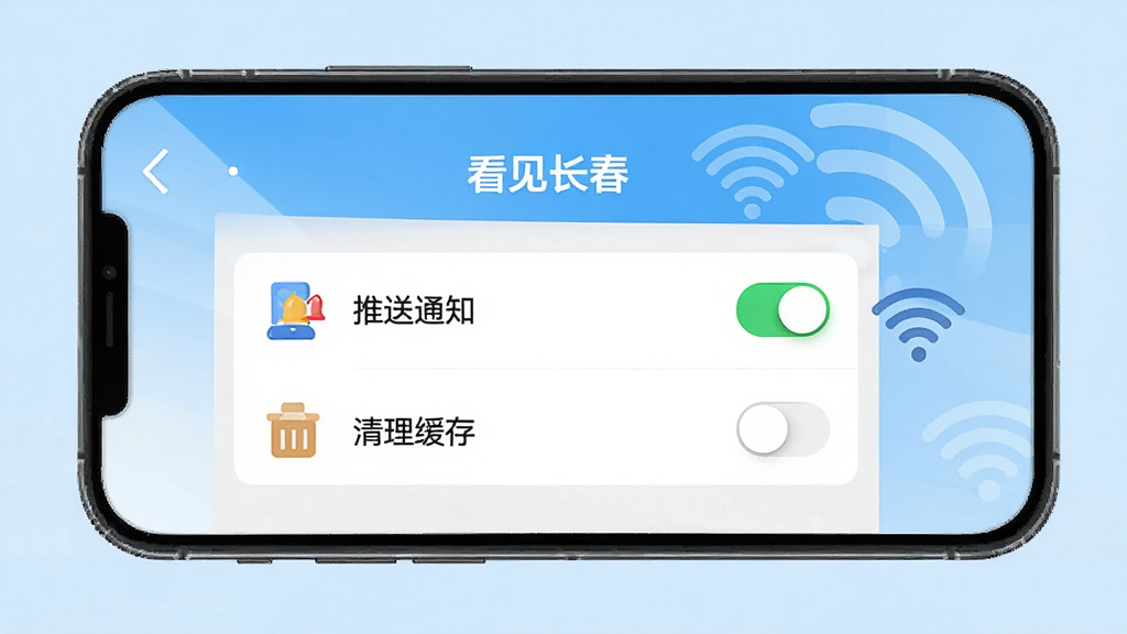 主体:手机屏幕显示“看见长春”APP的设置界面,展示“推送通知”和“清理缓存”选项,旁边有Wi-Fi图标。布局:手机居中,背景为淡蓝色,设置列表清晰可见。排版:简洁列表式设计,每行有图标和文字。风格:清爽简约,色彩明快。细节:屏幕上有“看见长春”字样,有开关按钮,背景有无线网络符号。画质:高清,干净,无多余元素。