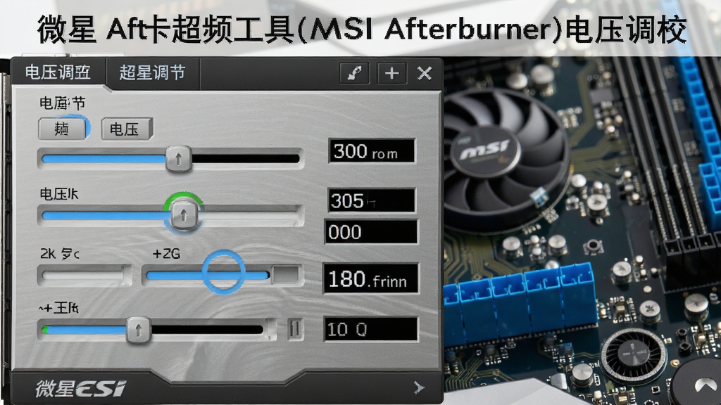 生成一张高清晰度产品功能示意图,主体为微星显卡超频工具(MSI Afterburner)的电压调节面板特写,界面显示滑杆与数值输入框,背景为电脑主板电路板微距纹理,布局突出左侧电压调节区域,排版规整,金属质感与蓝色电子元件细节丰富,画质干净明亮,无多余元素,图片中显示文字“微星显卡超频工具(MSI Afterburner)电压调校”。