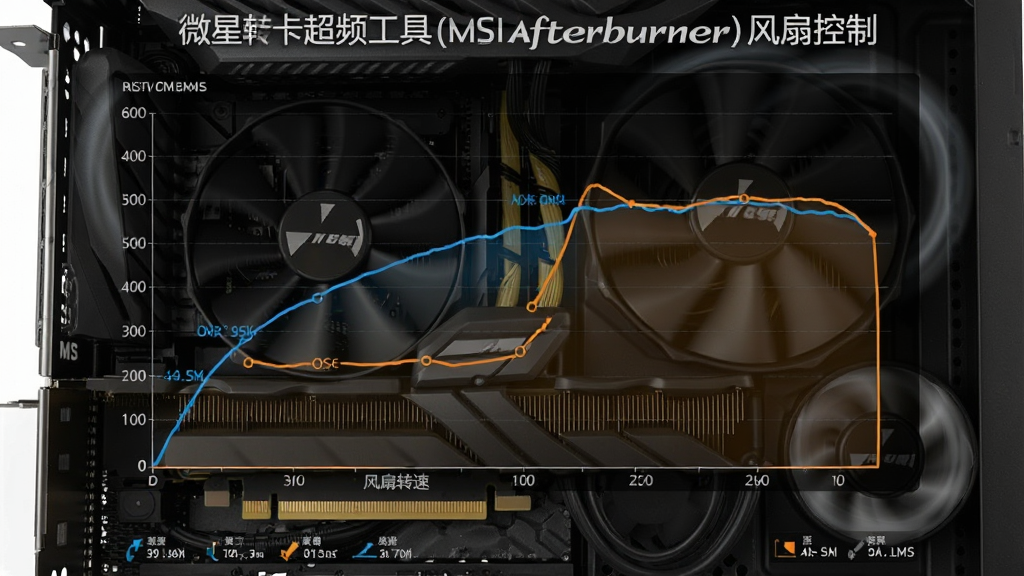生成一张直观的软件功能展示图,主体为微星显卡超频工具(MSI Afterburner)的风扇转速曲线设置界面,曲线图占据主要画面,背景为机箱内部显卡风扇转动效果,布局以曲线图为中心,排版清晰,包含蓝色与橙色数据线条,细节处展现风扇叶片与散热鳍片纹理,画质干净无多余元素,图片中显示文字“微星显卡超频工具(MSI Afterburner)风扇控制”。