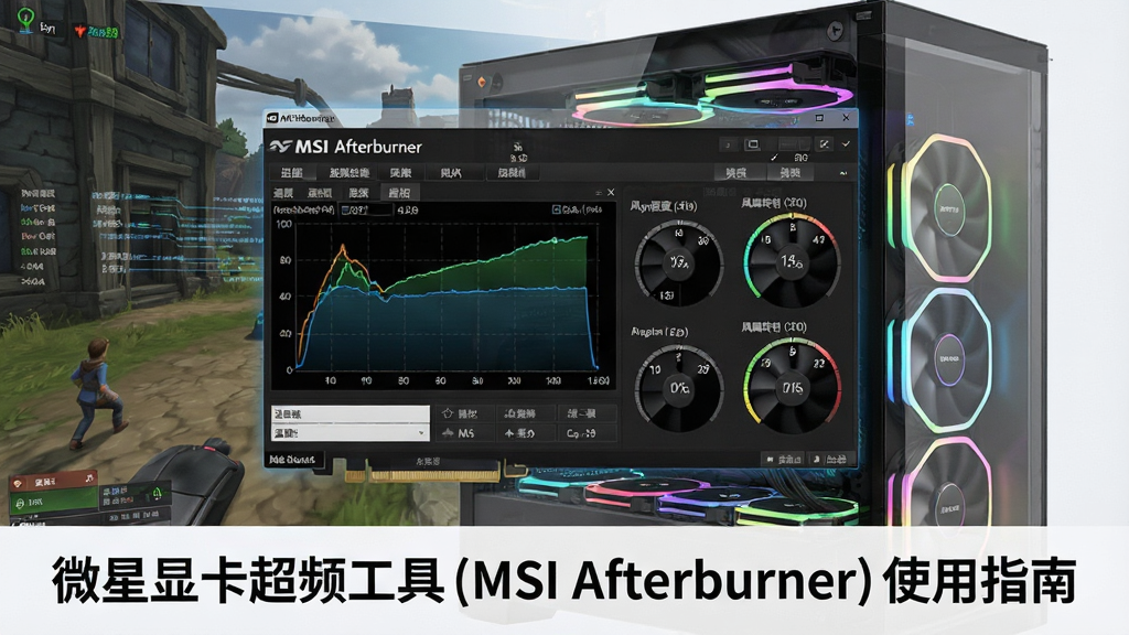 生成一张创意教程插图,主体为微星显卡超频工具(MSI Afterburner)主界面叠放在游戏画面上,界面显示温度曲线与风扇转速表,背景采用半透明电脑主机箱,布局突出软件界面与游戏场景的融合,排版具有层次感,现代科技风格,细节包含RGB灯光与数据流,画质干净无多余元素,图片下方配有文字“微星显卡超频工具(MSI Afterburner)使用指南”。