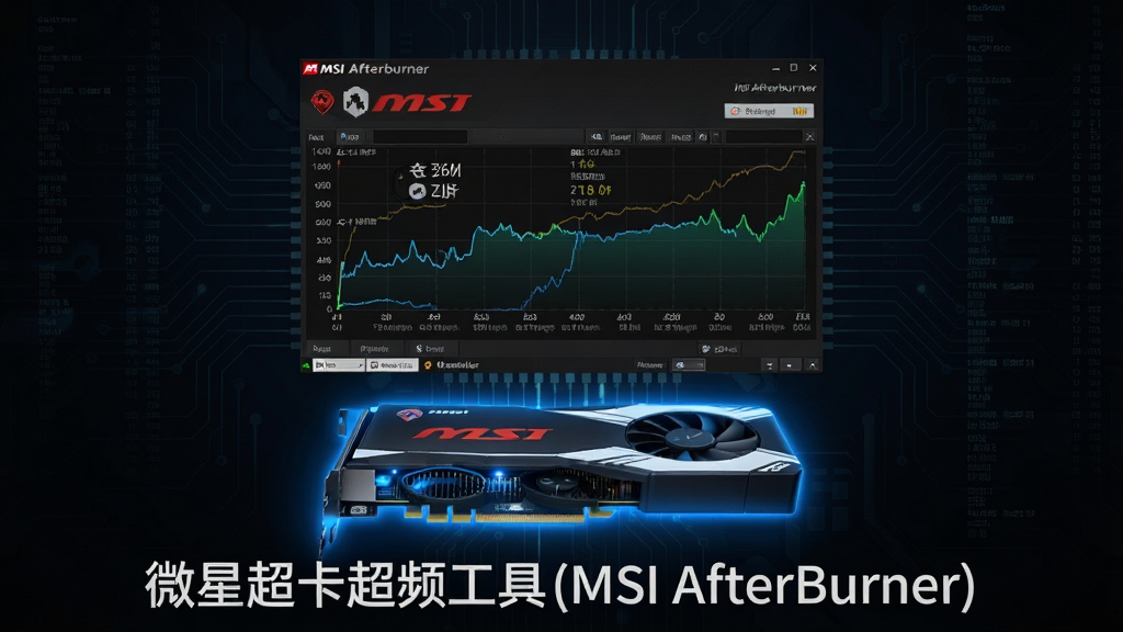 创作一幅数字艺术风格的精美宣传图,主体为微星显卡超频工具(MSI Afterburner)软件界面悬浮于深色科技背景之上,界面图表显示核心频率与温度实时曲线,下方显卡硬件发出蓝色辉光,布局采用对称居中构图,排版简洁大气,融入电路纹理与数据流细节,画质细腻干净,无多余元素,图片下方配有文字“微星显卡超频工具(MSI Afterburner)”。